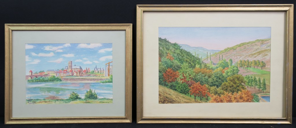 Jan Ph.A. de Vries: 2x Aquarel, Stadsgezicht en Souillac -  Ingelijst kopen? Bied vanaf 1!