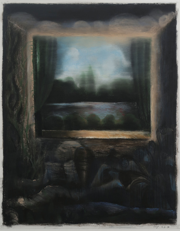 Nour Edinne Jarram: Pasteltekening, Achter de geraniums - Ingelijst kopen? Bied vanaf 80!