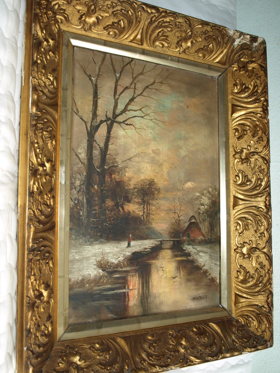 ADRIAAN TERHELL (1863-1949) – Olieverf in barokke lijst – Winterlandschap kopen? Bied vanaf 150!