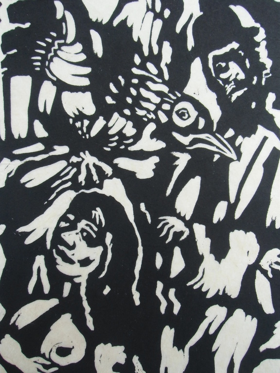 MAN MET VOGEL EN NAAKTE VROUW // HOUTSNEDE VAN AAD DE HAAS verkocht voor € 60!