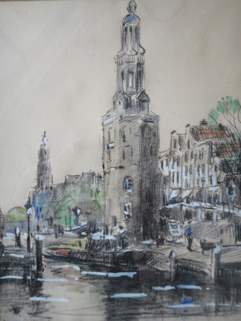 David Schulman, gemengde techniek, zicht op de Schreierstoren (Amsterdam) verkocht voor € 75!