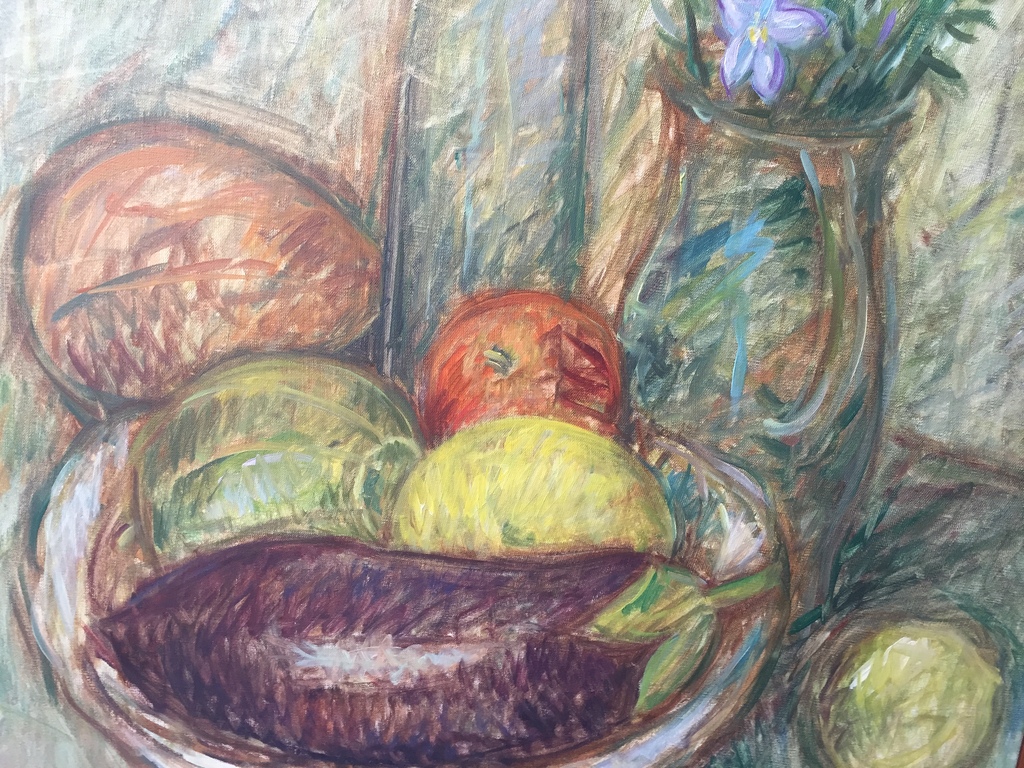 Meinert Volkers - Olieverf op doek 1965 - Stilleven met fruit en campanula’s kopen? Bied vanaf 1!