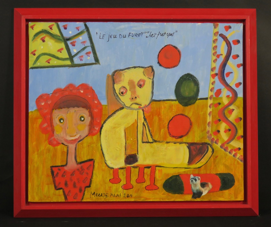 Meertje Kaal: Olieverf en collage op doek, Le jeu du furet - Ingelijst verkocht voor € 150!