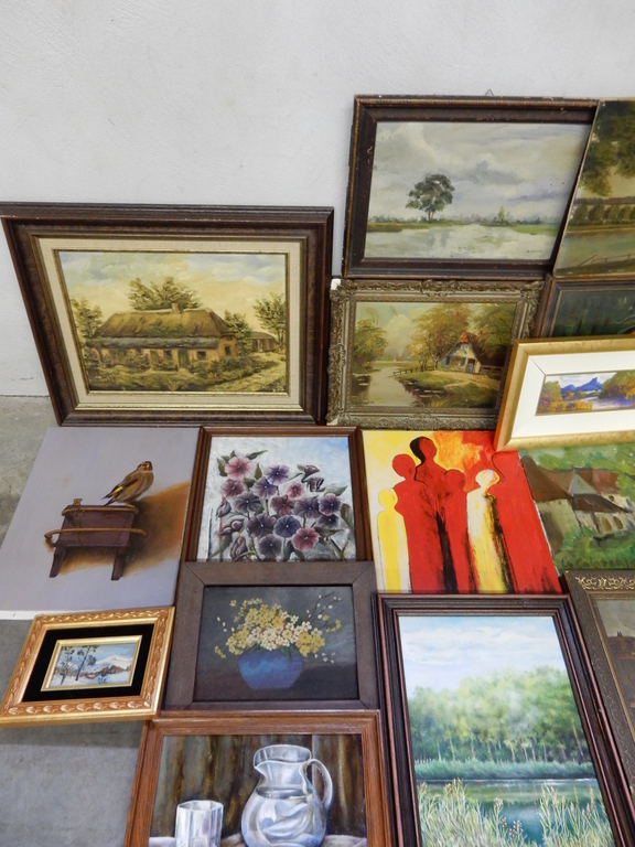 Oud olieverfschilderij boerderij met kippen - daarbij 19 stuks - gesigneerd kopen? Bied vanaf 1!