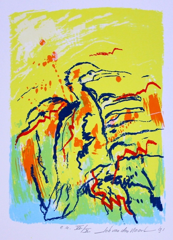 JOHANN VAN DEN NOORT, “Aalscholvers” 1991, zeefdruk. kopen? Bied vanaf 1!