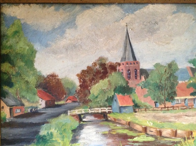 Louis Stutterheim, Kortenhoef dorp,  olie paneel 30x40 met lijst verkocht voor € 200!