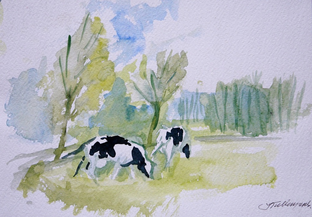 Jan Tullemans 1924-2011.  Aquarel, abstracte koetjes in de wei kopen? Bied vanaf 25!
