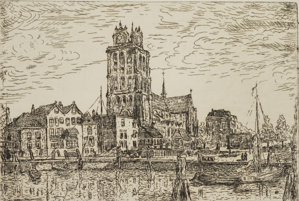 Wim Beeke - ets - Stadgezicht Dordrecht met de Grote Kerk en haven kopen? Bied vanaf 15!