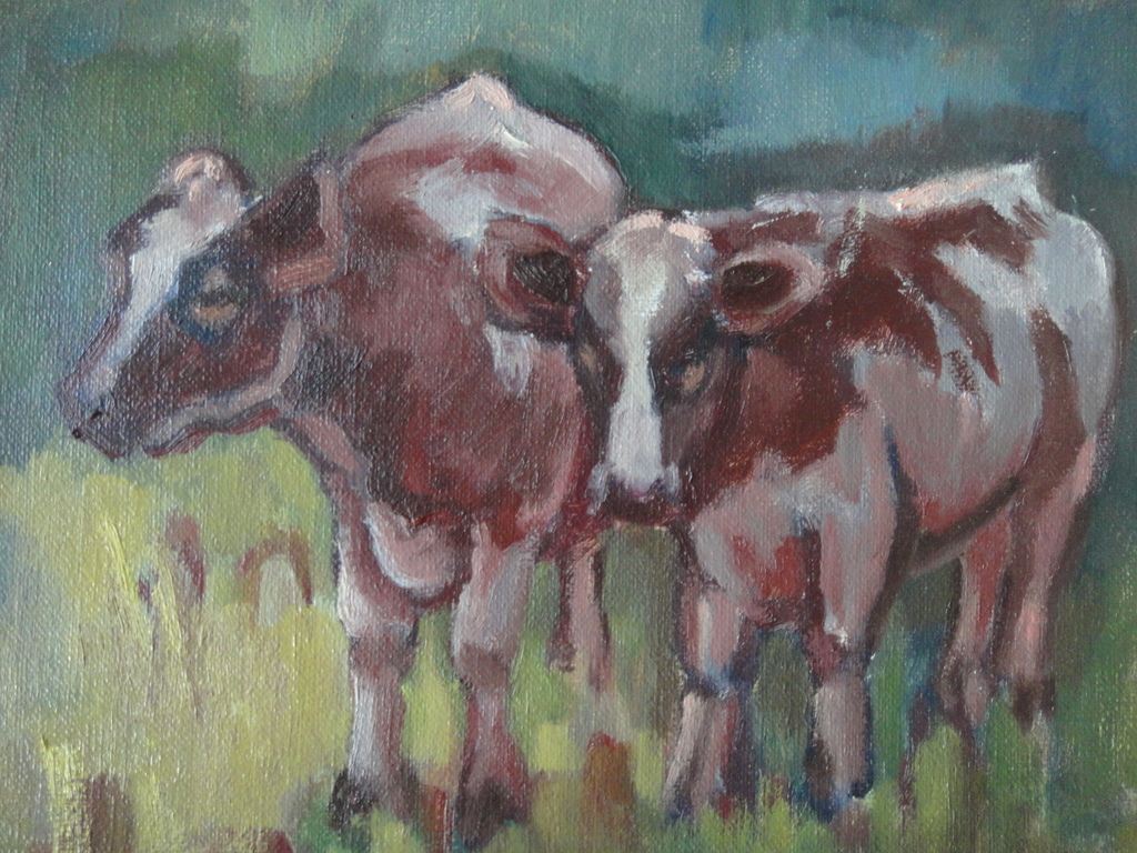 Mary Koekenbier (1942) - olieverf op doek - twee roodbonte koeien in de wei kopen? Bied vanaf 1!