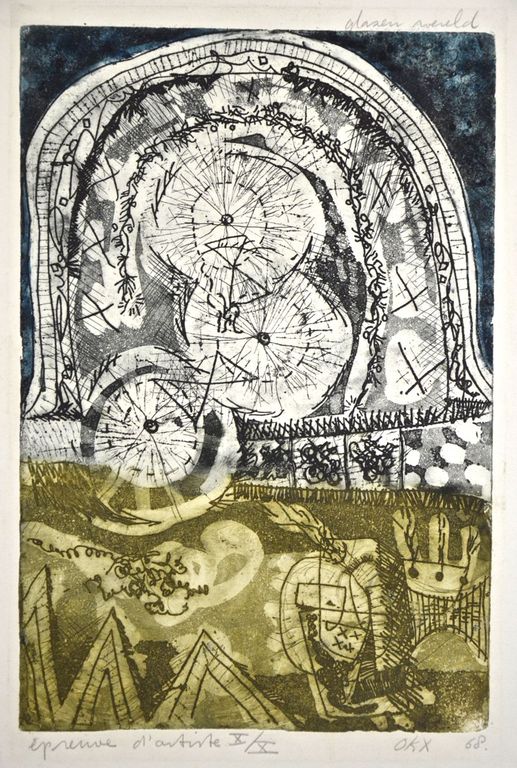 Kees Okx: Ets/aquatint. Glazen wereld verkocht voor € 50!