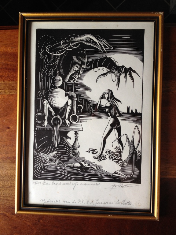 Hugo De Putter (1938-1990): Een land zoekt zijn evenwicht, linosnede, jaren ‘70 kopen? Bied vanaf 10!