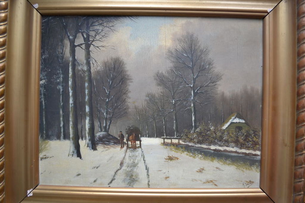 Winterlandschap op paneel, gesigneerd rechtsonder. kopen? Bied vanaf 20!