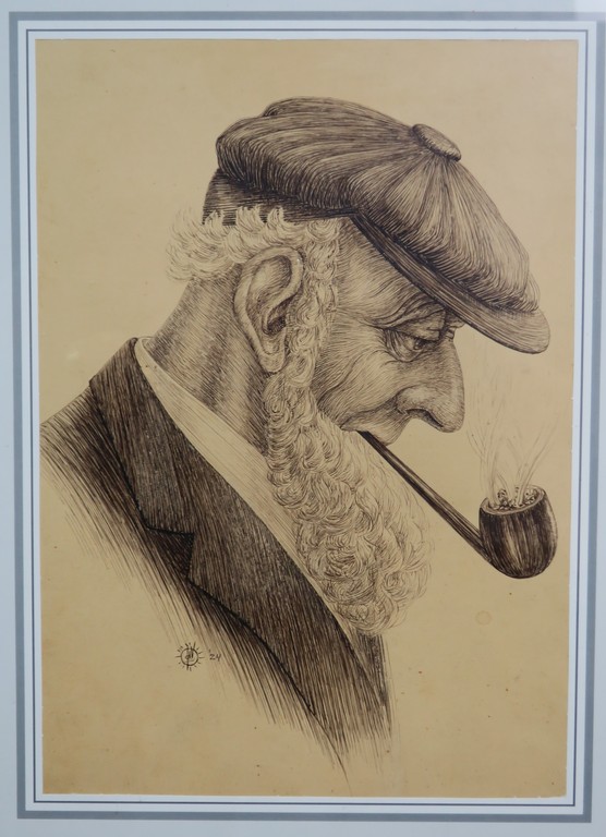 Jan Ph.A de Vries: 1x Potlood- + 1x Pentekening, Man en Man met pijp - Ingelijst kopen? Bied vanaf 1!