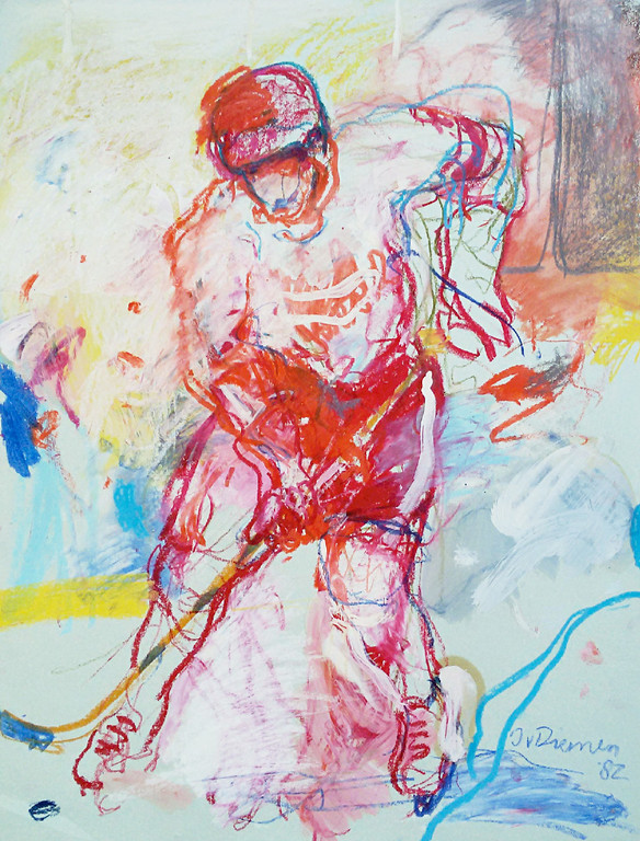 Jan van Diemen - Jan van Diemen - IJshockey, gemengde techniek op papier verkocht voor € 95!