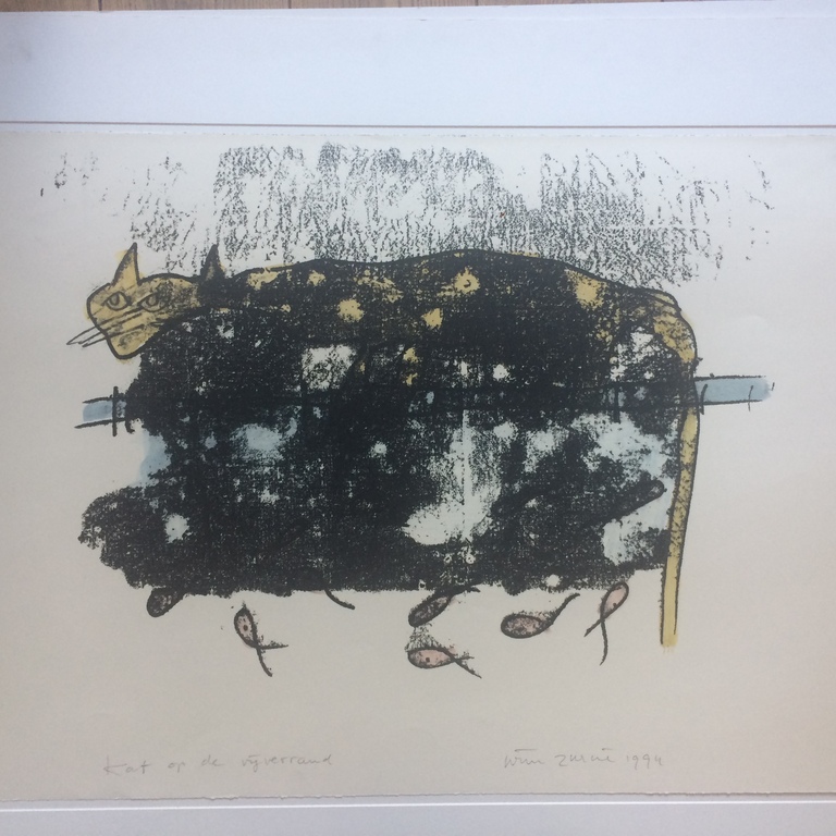 Wim Zurne, Kat op de vijverrand, grote tekening in gemengde technieken 1994 kopen? Bied vanaf 120!