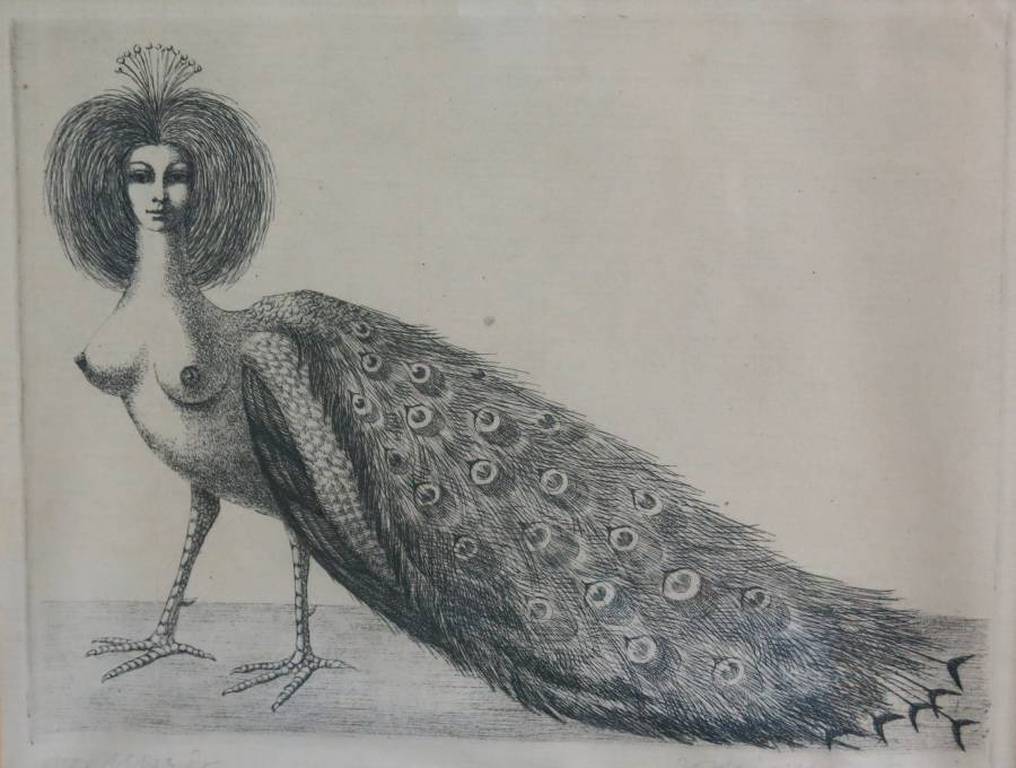 Jean-Paul Vroom: Ets, Vrouw als pauw - Ingelijst kopen? Bied vanaf 35!