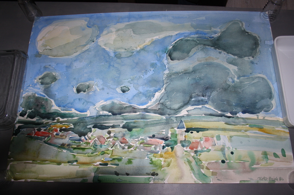 Pieter Briels: grote aquarel, landschap met dorp kopen? Bied vanaf 70!