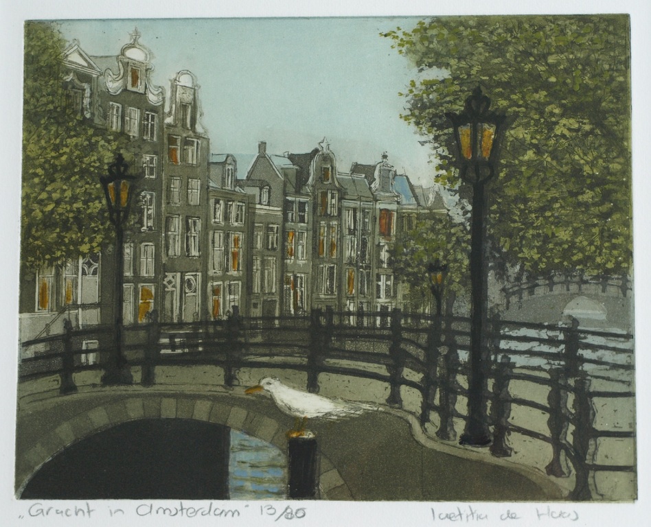 Laetitia de Haas: Kleurenets , Gracht in Amsterdam – Ingelijst – ca 2004 verkocht voor € 50!