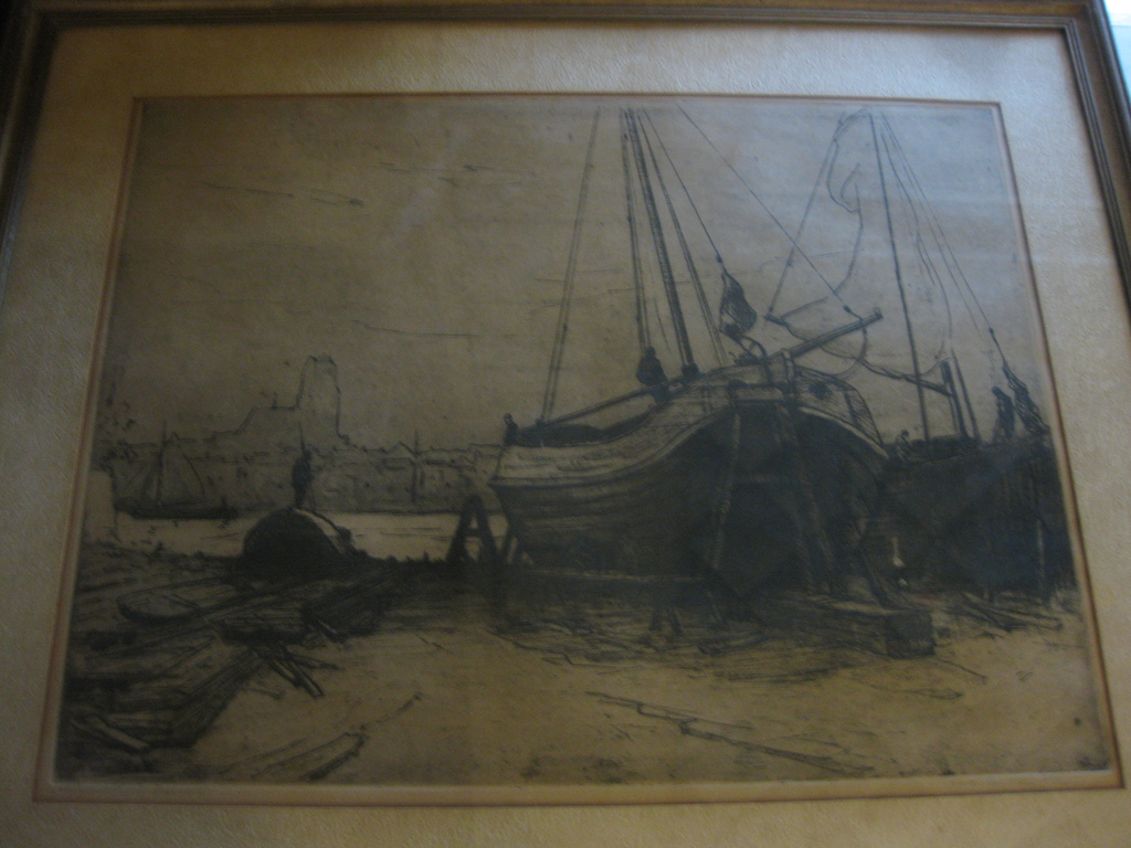 Grote ets Martin van Waning (1887-1972) - Ets Scheepshelling bij Dordrecht verkocht voor € 60!