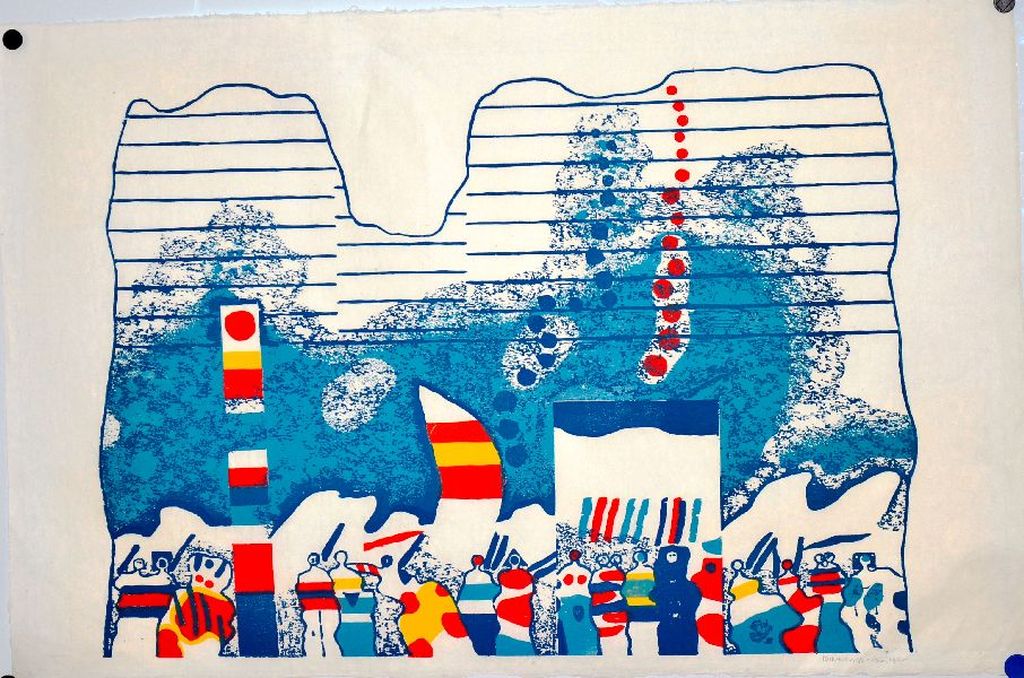 Jef Diederen: Grote hout/Linosnede Blauw -14 IX '74 kopen? Bied vanaf 70!