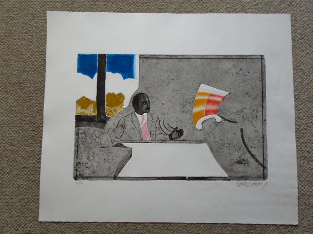 Sjoerd Bakker - kleurenets - Man achter bureau met telefoonhoorn kopen? Bied vanaf 30!