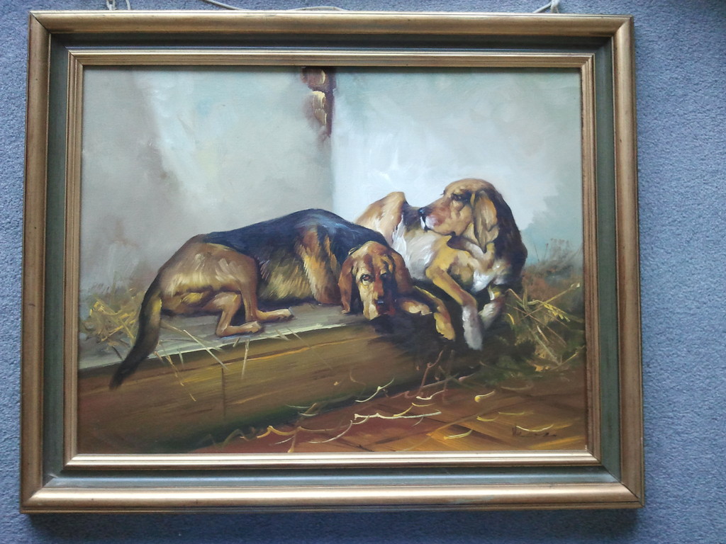 twee liggende honden, Olieverf op board (marouflé) kopen? Bied vanaf 1!