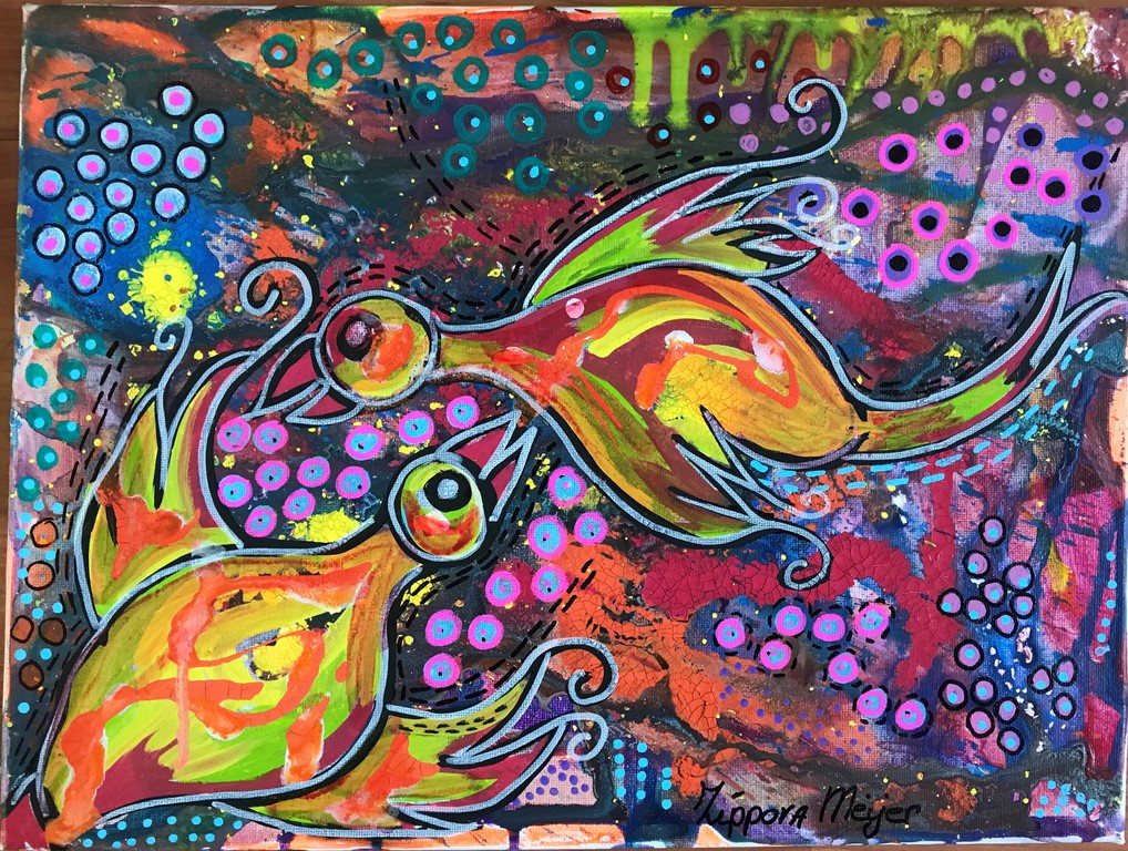 Zippora Meijer, Happy Birds, Acryl en Acrylstift op Canvas 30x40cm  kopen? Bied vanaf 1!