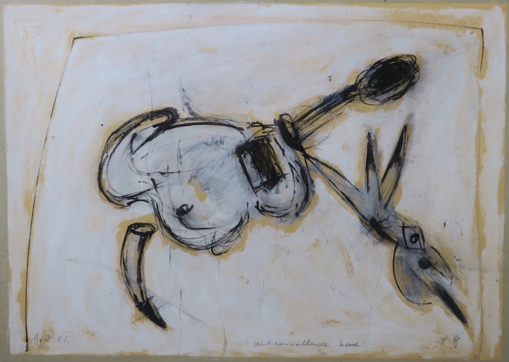 Johan Claassen: Acryl op papier, Uiteenvallende hond - Ingelijst kopen? Bied vanaf 150!