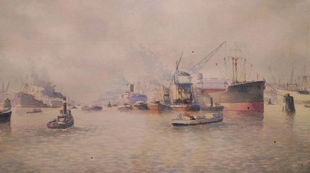 Bedrijvigheid in de Rotterdamse haven - gemengde techniek - gesigneerd - 1940 kopen? Bied vanaf 300!