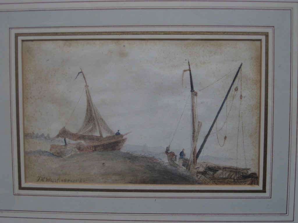 J.H.Weissenbruch 1824-1903 aquarel "bomschuiten aan strand" Haagse School ! verkocht voor € 150!