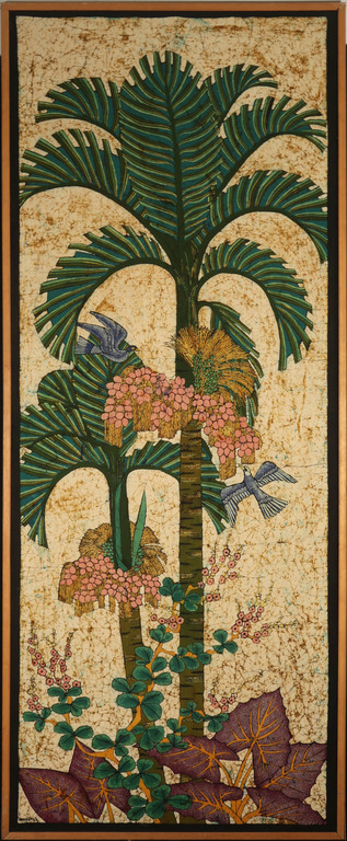 Onbekend gesigneerd: Batik op doek, Palm - Ingelijst (Zeer groot) verkocht voor € 75!