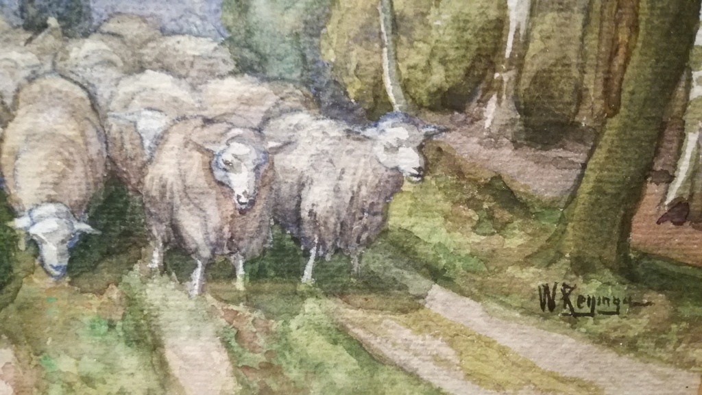 Onbekende kunstenaar, Aquarel, Herder en schapen,  onleesbaar gesigneerd kopen? Bied vanaf 1!