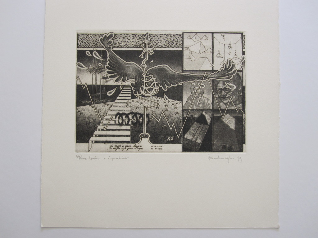 Jan Vandeweghe, burijngravure en aquatint, de vogel is gaan vliegen kopen? Bied vanaf 18!