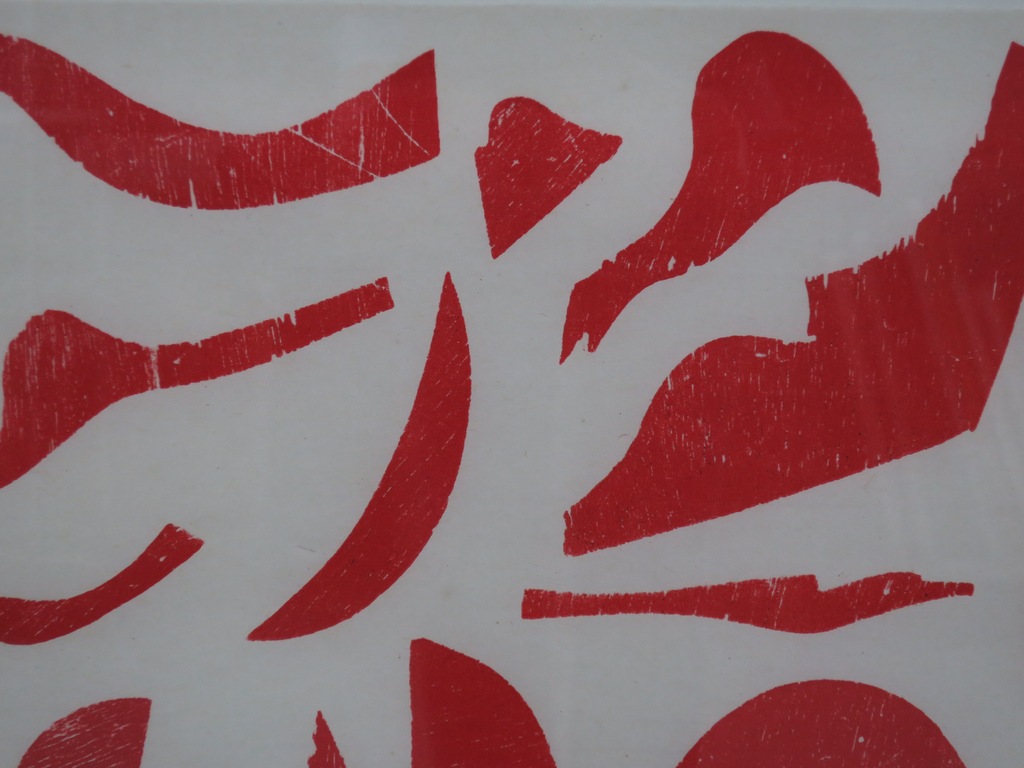 Carel Visser: Houtsnede, Zonder titel (rood) - Ingelijst kopen? Bied vanaf 120!