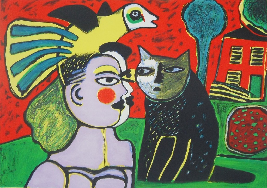 Corneille : vrouw, kat en vogel  (schitterende kleurenlithografie) verkocht voor € 155!
