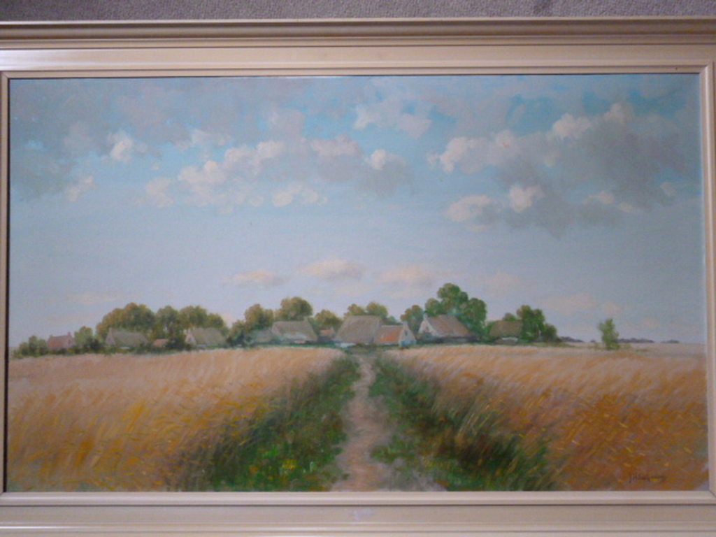 J.H. Oostendorp - olieverf - Landschap met korenvelden verkocht voor € 150!