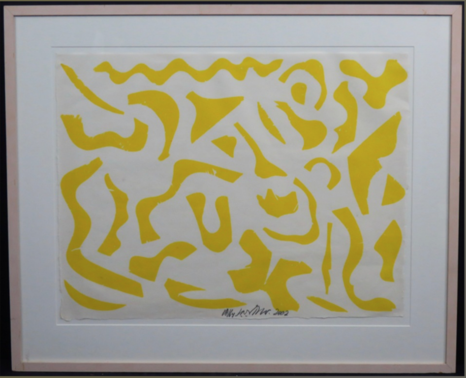 Carel Visser: Houtsnede, Zonder titel (geel) -Ingelijst verkocht voor € 95!