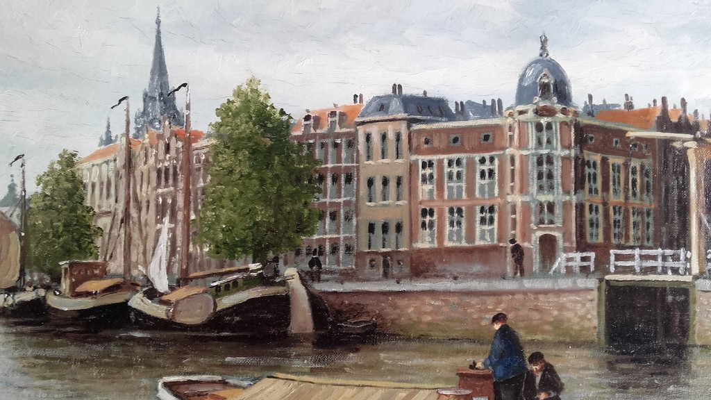 Franciscus Leonardus Corsius - F.L. Corsius, Stadsgezicht met vele boten en personen - Gesigneerd kopen? Bied vanaf 1!