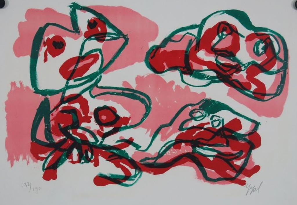 Karel Appel: Litho, Drie abstracte figuren verkocht voor € 450!