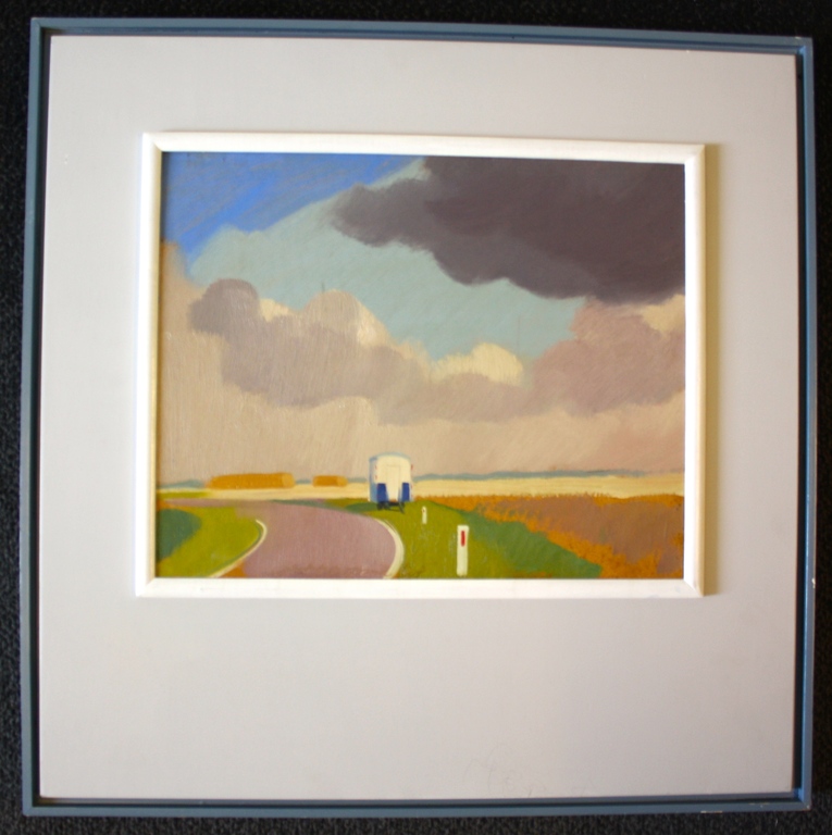 Jentsje Popma, olieverf op paneel, Bouwkeet verkocht voor € 550!