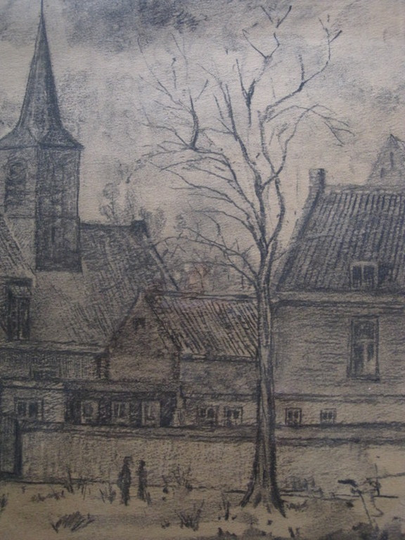 Sterke houtskooltekening "Kerk te Haarlem" van Haarlemse Vijftiger Poppe Damave kopen? Bied vanaf 1!
