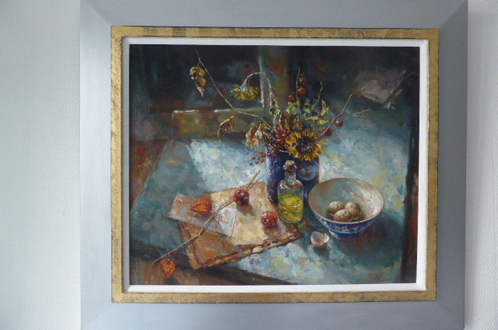 Rene Jansen  Olieverfschilderij getiteld :Bloemstilleven met kwarteleitjes. kopen? Bied vanaf 1595!