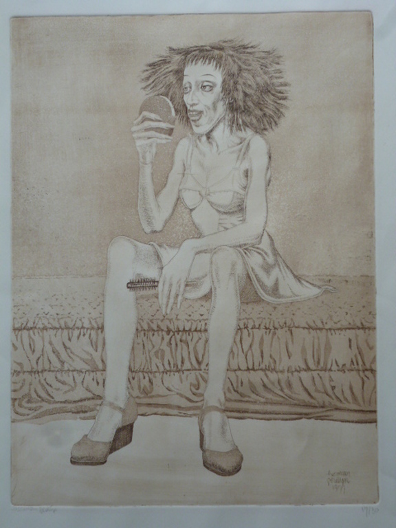 Herman Gordijn - ets - Vrouw met kam en spiegeltje verkocht voor € 200!