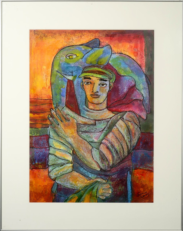 Franca Muller Jabusch: Gouache, Geluk op je schouders - Ingelijst kopen? Bied vanaf 35!