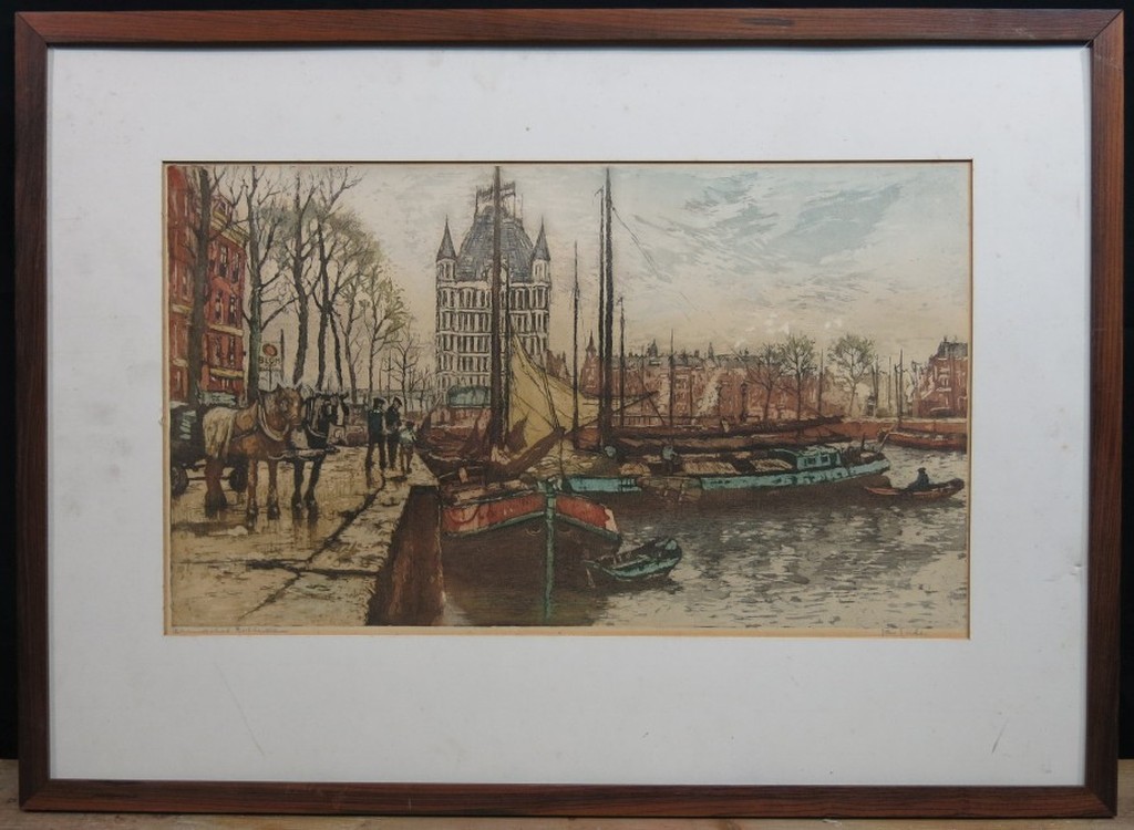 Jan Sirks: Ingekleurde ets, Haringvliet te Rotterdam kopen? Bied vanaf 1!
