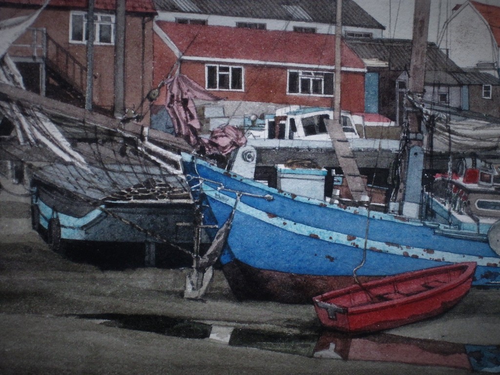 Magnifieke Aquarel "afgemeerde vissersboten" gesigneerd Michel desRochers (1938- kopen? Bied vanaf 1!