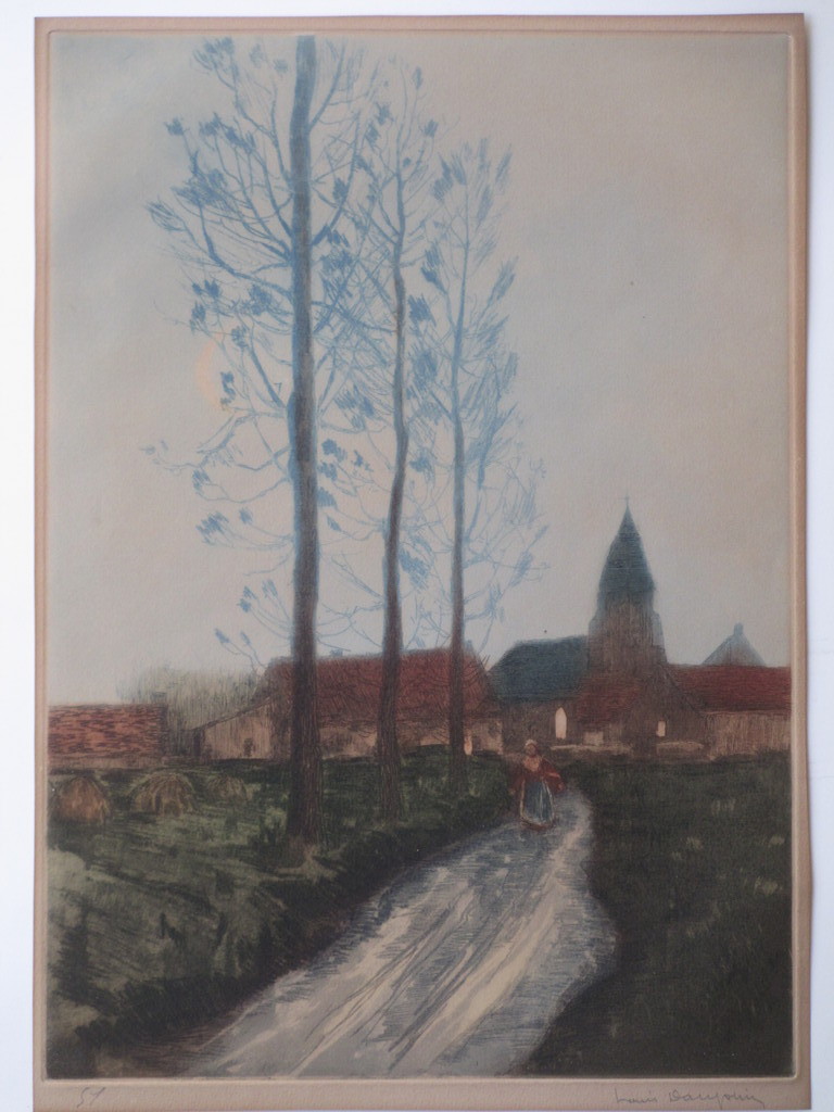 Louis-Etienne Dauphin - Louis-Etienne Dauphin, Hoeve en kerk bij avond, Kleurets verkocht voor € 40!