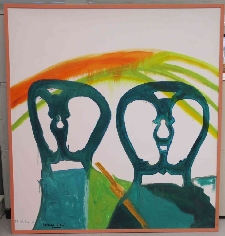 Meertje Kaal: Acryl op doek, Z.T. Twee stoelen - Ingelijst (Groot!) kopen? Bied vanaf 80!