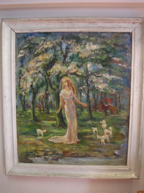 Henk Gorter 1908-1974 groot olieverf "bosnimf" gesigneerd ca. 1940 verkocht voor € 60!