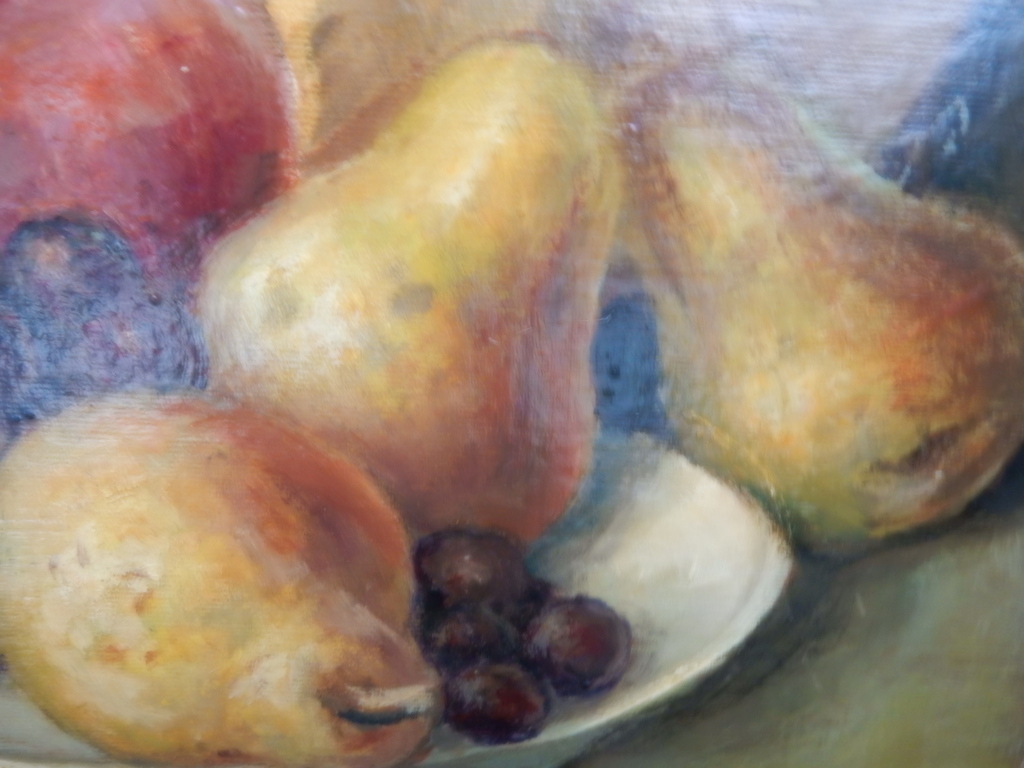 onbekende schilder,olieverf op plaat,stilleven met fruit en zakjes kopen? Bied vanaf 125!